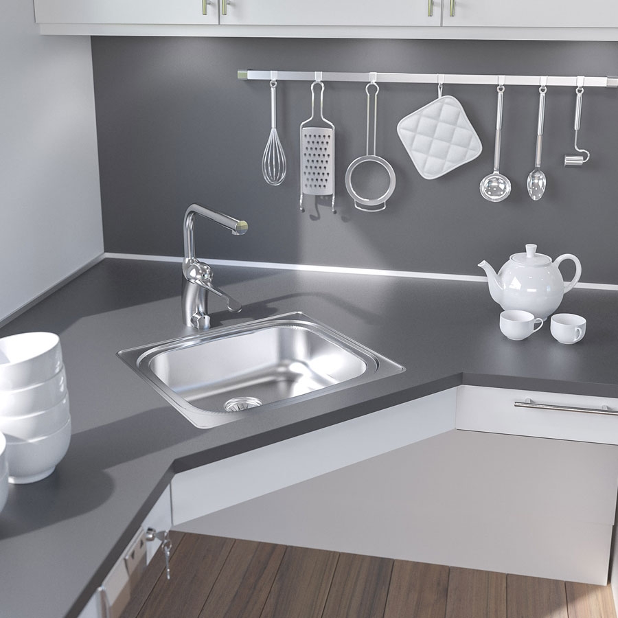 Il lavello a una vasca può essere integrato nel modulo angolare. Nel modulo angolare è possibile integrare anche un piano cottura.